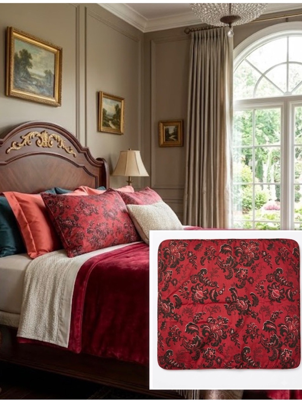 Pine Cone Hill Red Crimson Black Floral Standard Cotton Tie Back Pillow Sham